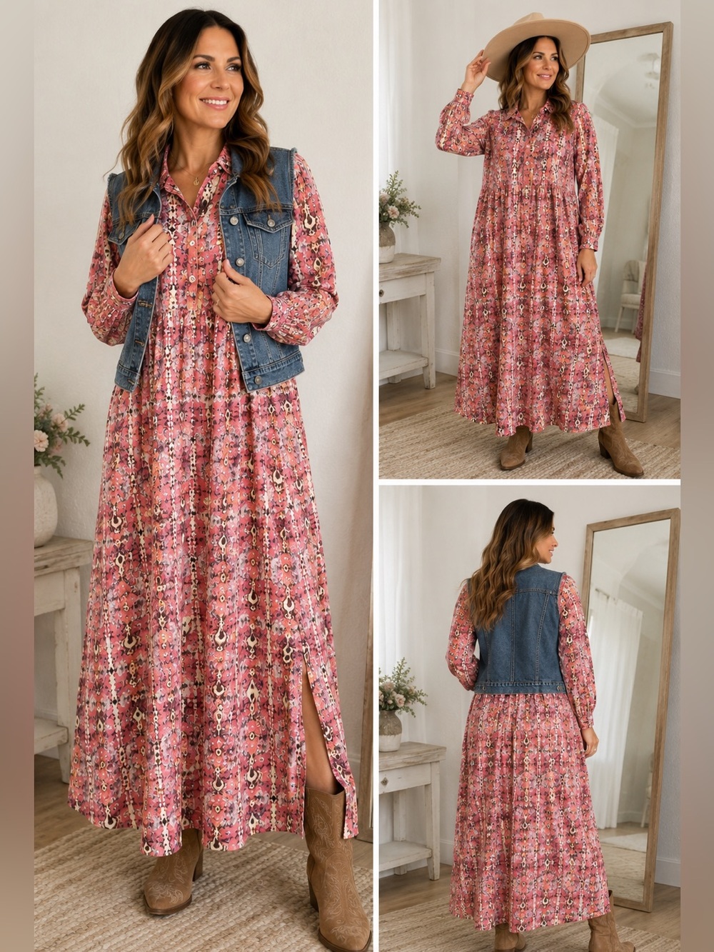 NWT OC Order Plus Pink Boho Maxi Dress Long Sleeve Lightweight Size XL